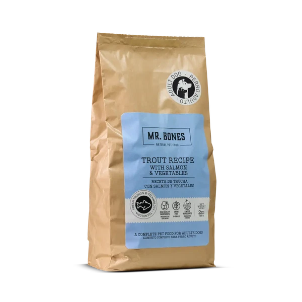 Mr. Bones Premium briketi brez žit - Postrv & losos s svežo zelenjavo